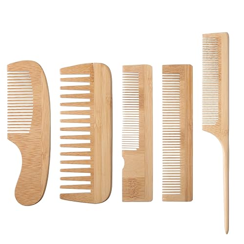Juego de 5 peines de madera para mujer, colección de peines de bambú portátiles de madera natural para todo tipo de cabello, antiestático, ecológico