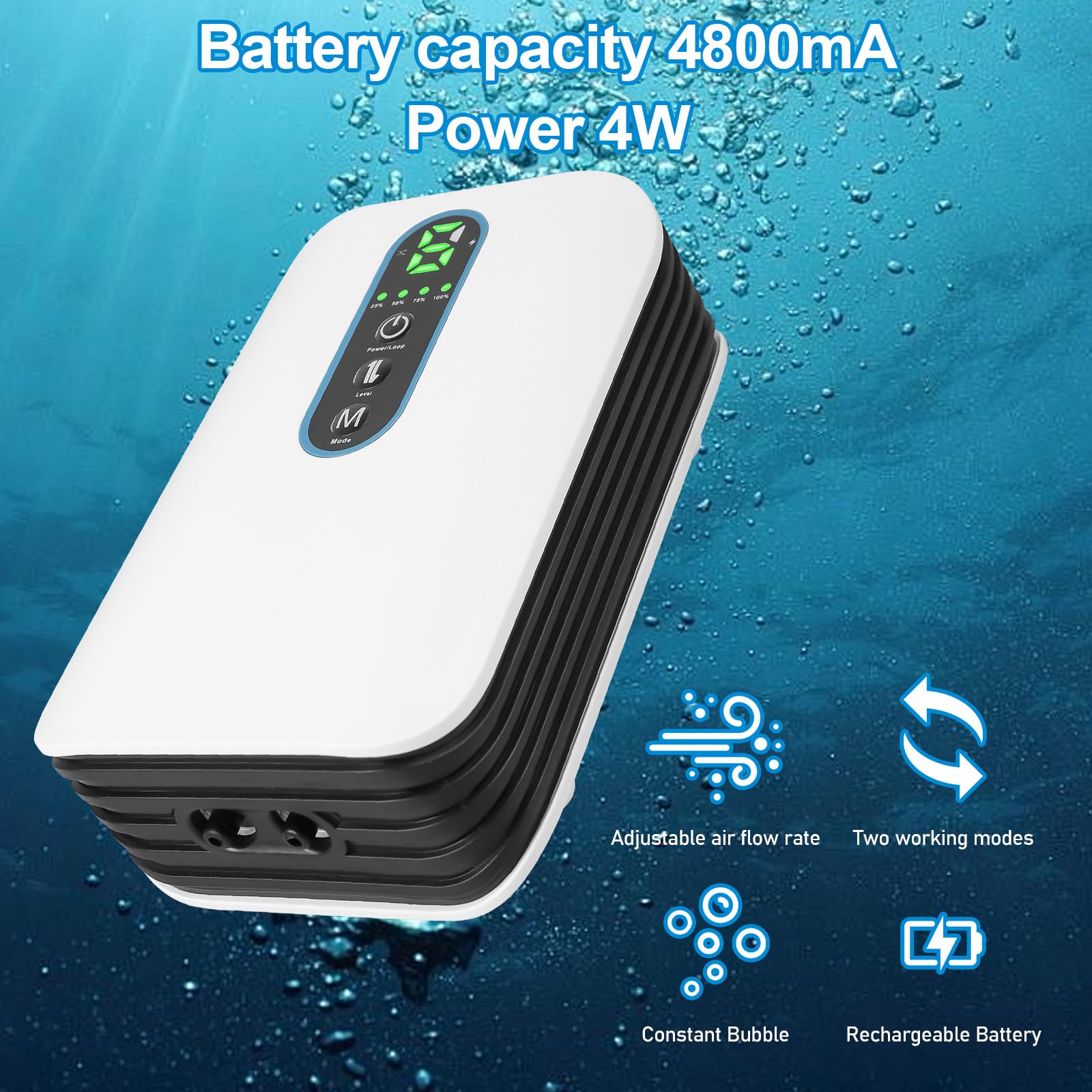 Aquarium Luftpumpe, Sauerstoffpumpe 4800mAh Akku, Doppel Auslass(5L/min), 6-Stufig Einstellbarer Luftstrom, Ultra-leise USB Aquarium pumpe für Aquarien, Gartenteiche Angeln Stromausfälle