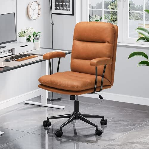 DICTAC Brown Leather Office Chair,Mid Century Home Desk Chair with