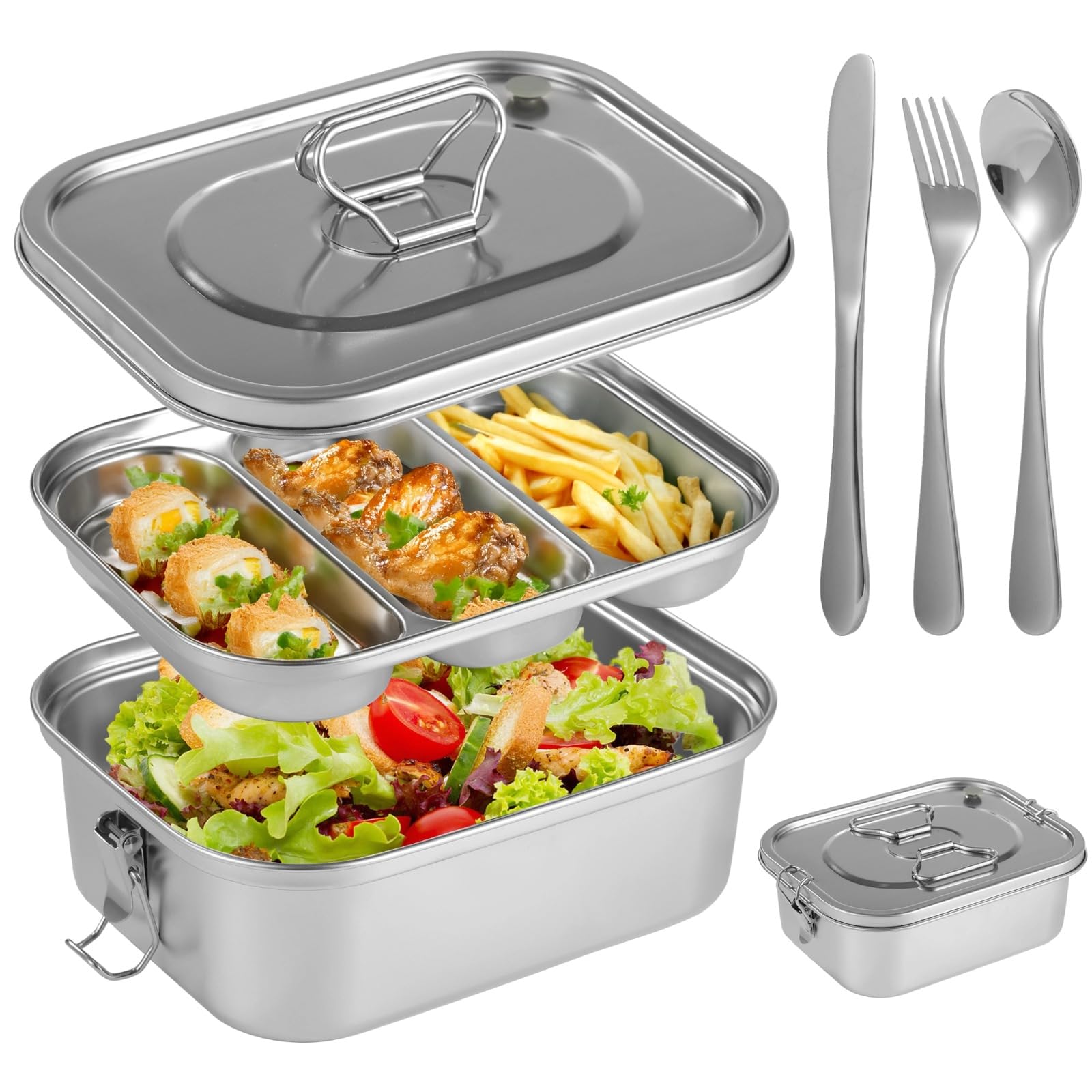 Boîte bento en acier inoxydable avec couverts, grand récipient repas à étages, lunch box réutilisable anti-fuite à 3 compartiments, poignée de transport pour bureau, école, pique-nique, sport