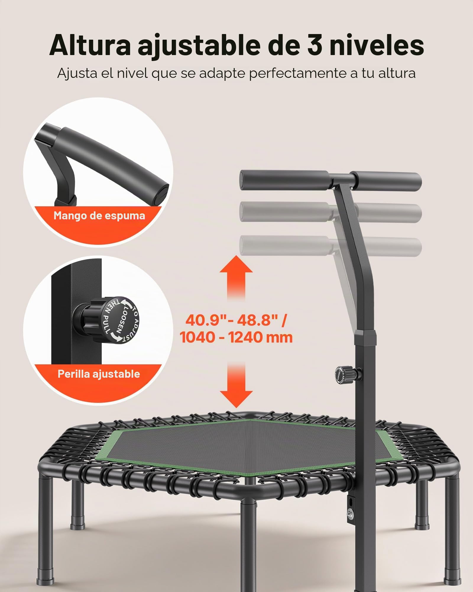 VEVOR Trampolín de Fitness 138,5 cm, Cama Elástica Capacidad Máxima de 205 kg, con 3 Niveles de Altura Ajustable, Mango de Espuma, Trampolín de Rebote Estable y Silencioso, para Adultos, Interiores