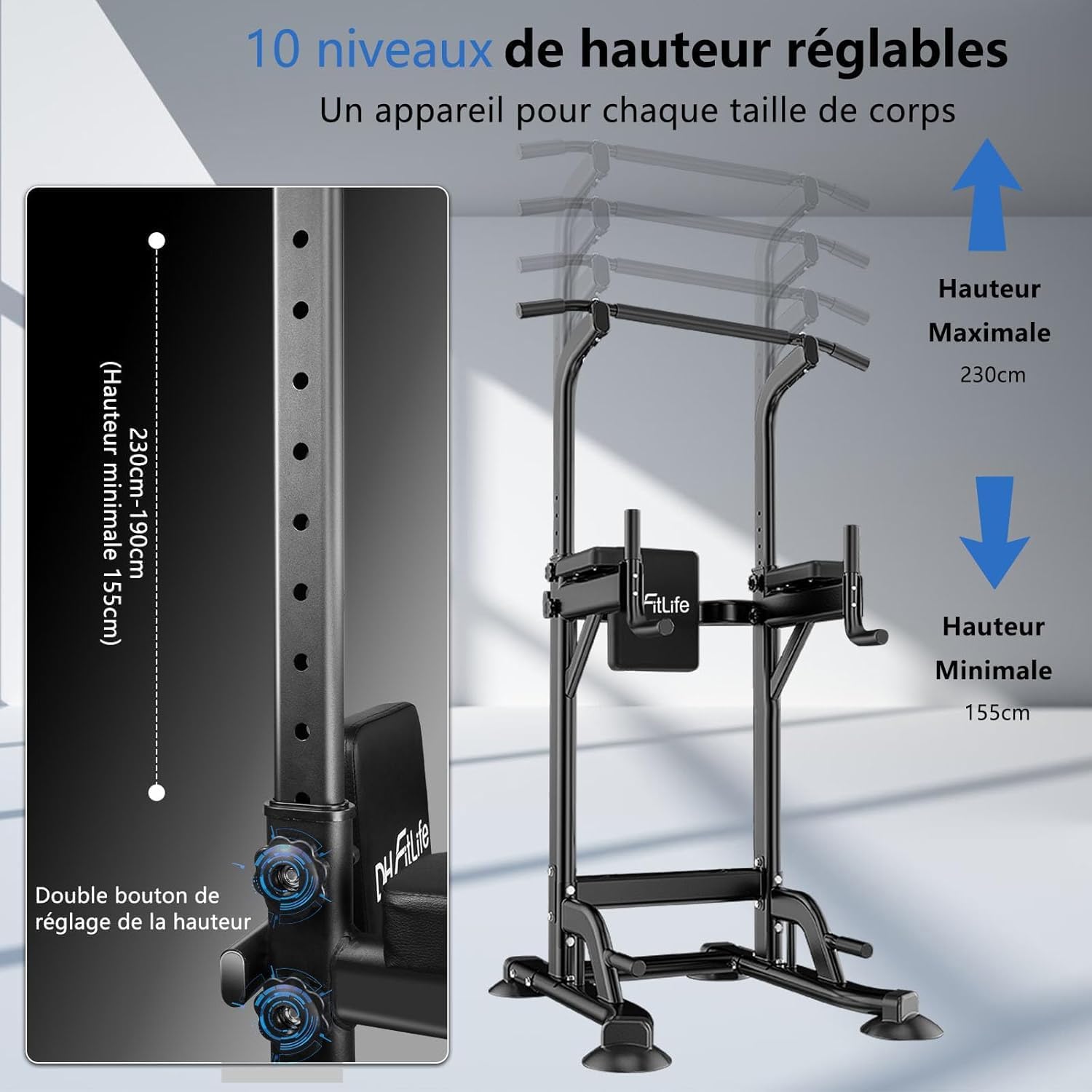 DH FitLife Power Tower Dip Station Équipements de sport avec barre de traction, barres de dip et dos, Station de musculation, Station de fitness, Chaise romaine musculation, Power Rack pour la maison