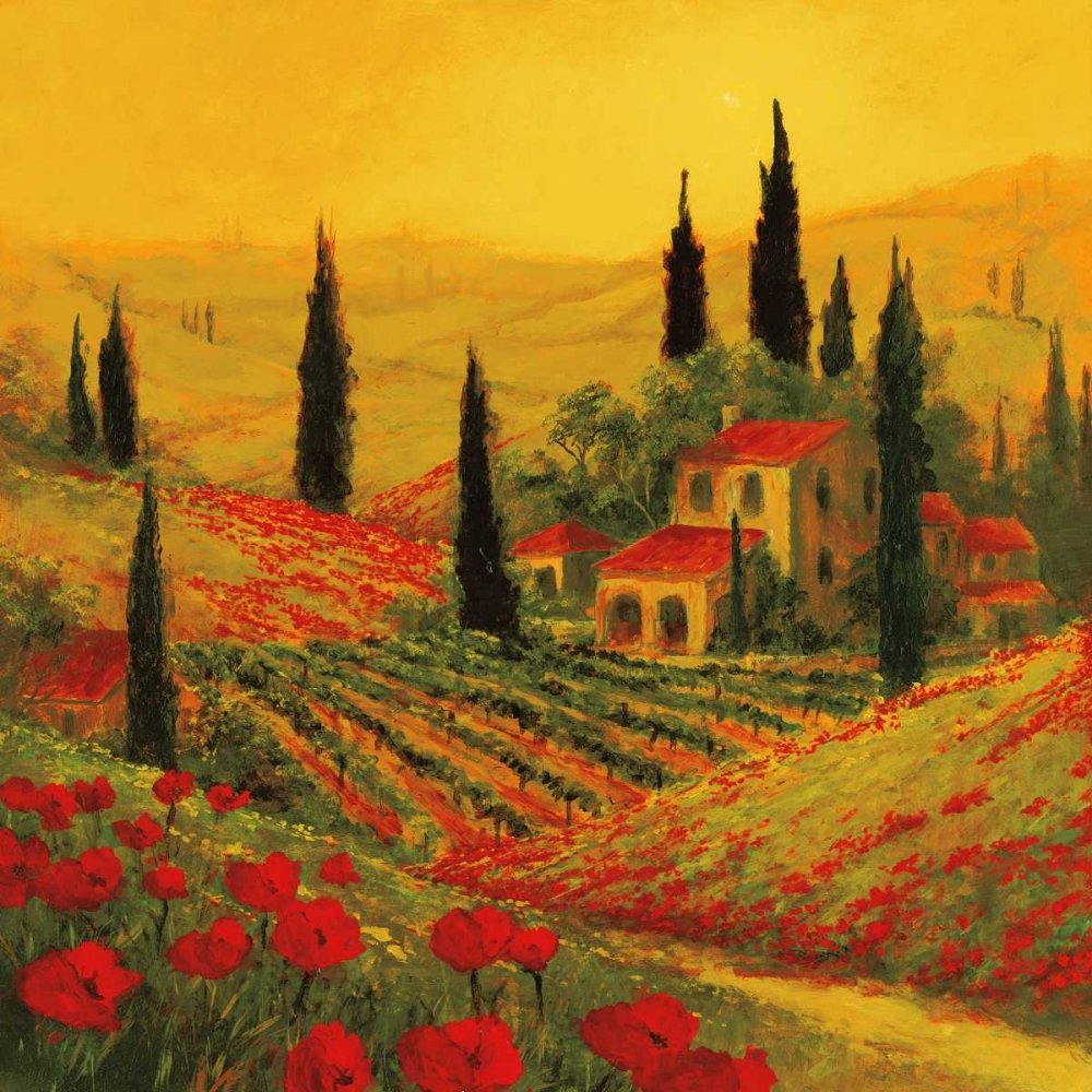 Feeling at home KUNSTDRUCK auf MATTE PAPIER 220gr Mohnblumen von Toscano II Fronckowiak Art - europäisch quadrat Poster Europa blüht Italien-Landschaft Bild auf Papier cm_68_X_68