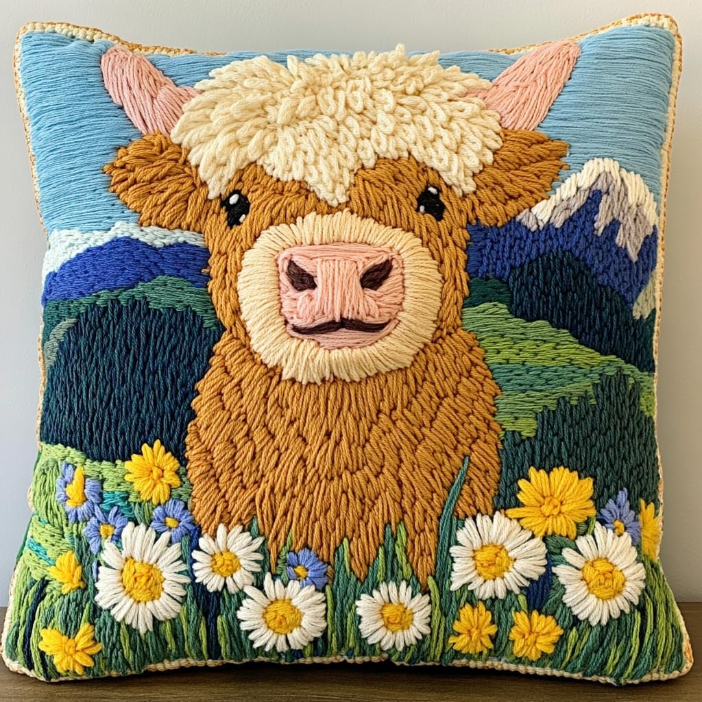 DIY Punch Needle Pillow Kit Highland Cow Daisy and Mountains with Pattern and Hoop Handmade Embroidery Punch Needle Starter Pillowcase Set for Home Sofa Decor 43x43cm-1-1