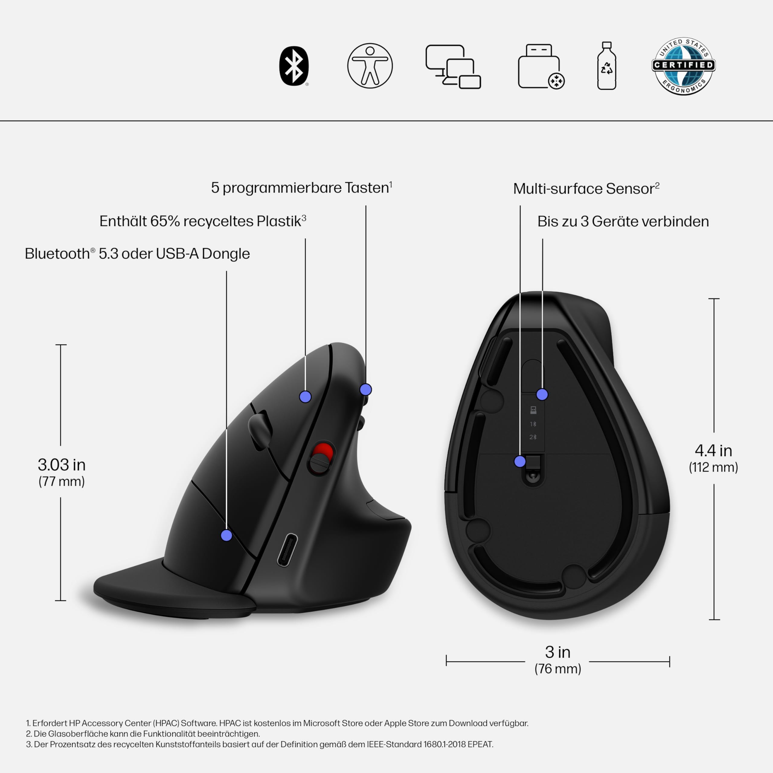 HP 920 Ergonomische Wireless-Maus | bis zu 4 Monate Akkulaufzeit | 4.000 DPI | 5 programmierbare Tasten | aufladbar via USB-C | bis zu DREI Geräte gleichzeitig steuern | schwarz