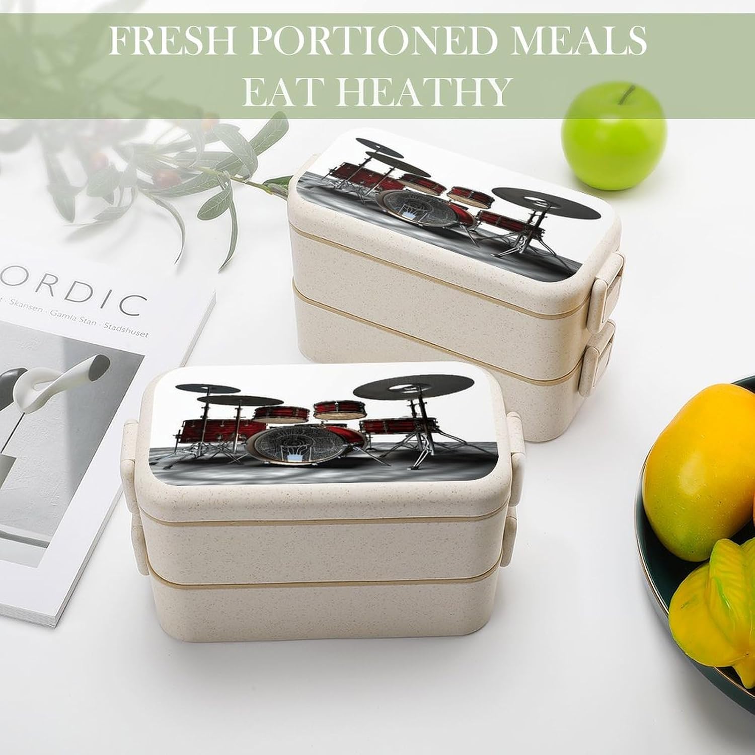 Bento Box,print Bento Boxes, Cool Drum Set All-in-One Stackable Lunch Box Spoon And Fork Set for Dining Out, Work, Picnic, style