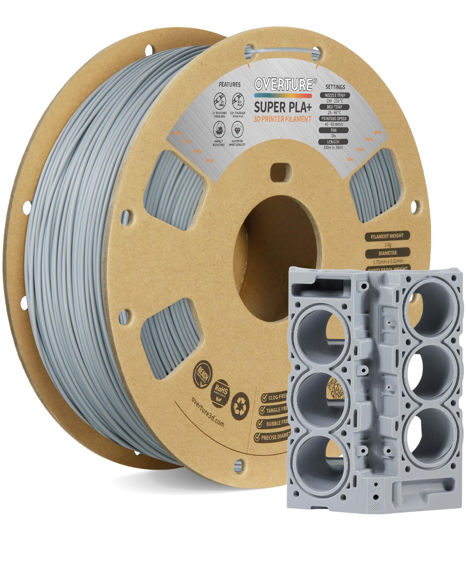 OVERTURE Super PLA+ Filament 1.75mm, Toughness Enhanced PLA Plus, Cardboard Spool, 1kg Filament (2.2lbs), Dimensional Accuracy +/- 0.02 mm (Light Gray
