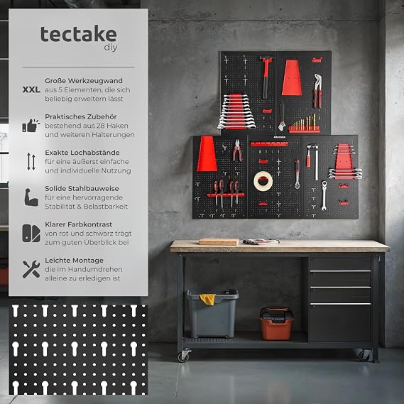 tectake Tool Perforated Metal Wall 200 x 60 x 2 cm Tool Wall Perforated Plate Including Tool Holder Set Hooks and Brackets Wall Shelf System for Workbench Garage Workshop Equipment - 5 Pieces