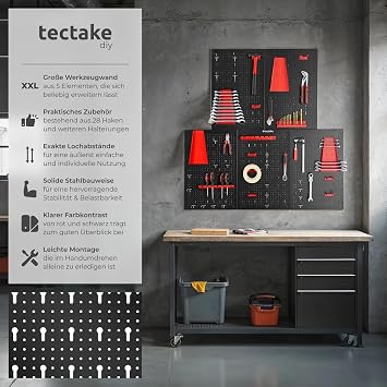 tectake Tool Perforated Metal Wall 200 x 60 x 2 cm Tool Wall Perforated Plate Including Tool Holder Set Hooks and Brackets Wall Shelf System for Workbench Garage Workshop Equipment - 5 Pieces