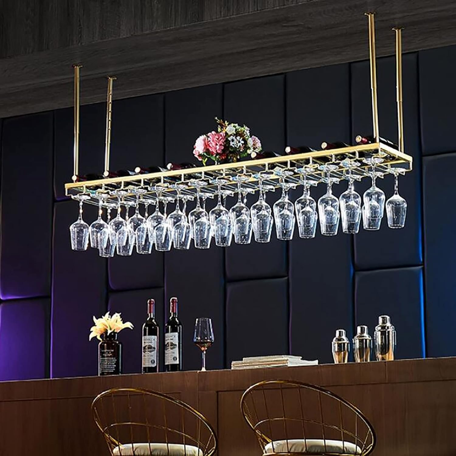 Hanging Wine Glass Holder Wine Racks,Ceiling Wine Holder,Adjustable Height,Wall-Mounted Iron Wine Glass Rack,Gold Stemware Rack for Bars Restaurants Kitchens