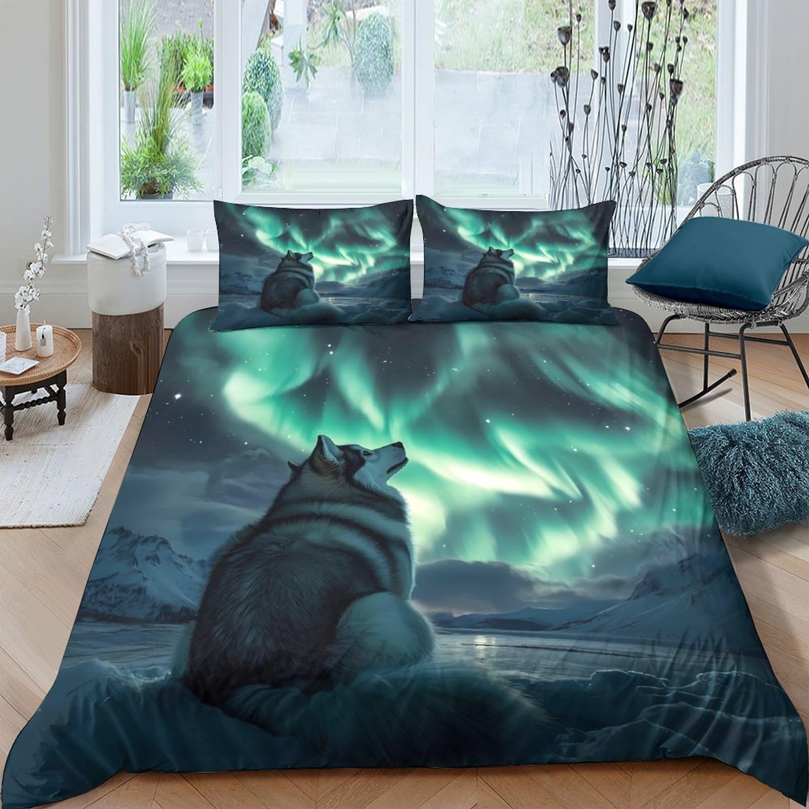 Ctjqhvkz Style-9 3D Printed Northern Lights Wolf Fitted Sheet Microfiber Soft Bed Cover For Bedroom Guestroom Dorm Mattress Protection Single（135X200cm）