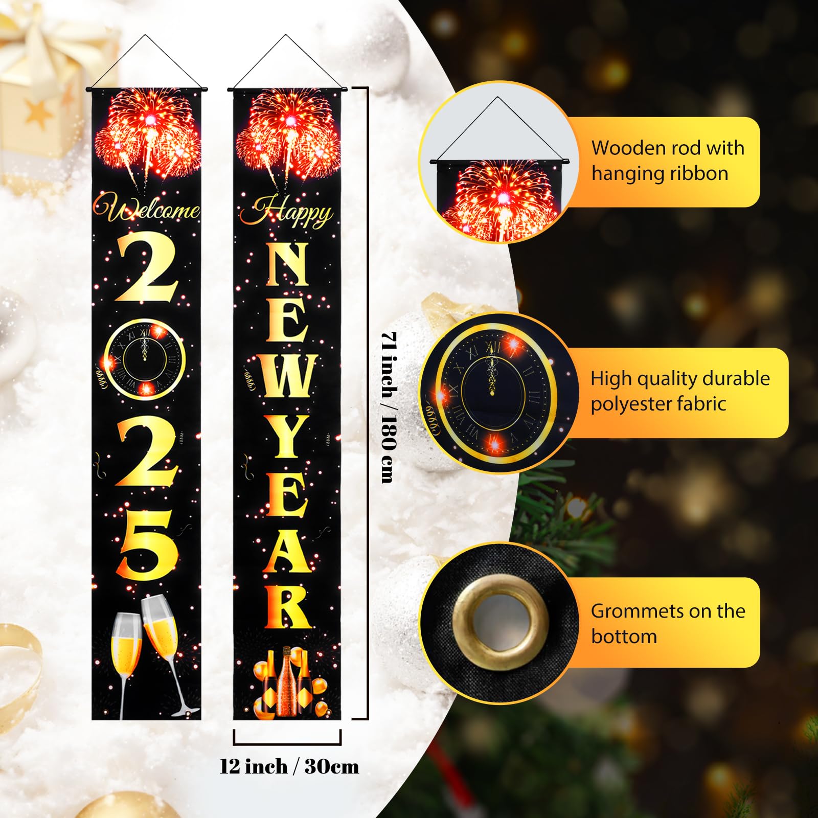Mega-L 2025 baner na drzwi noworoczne 180 x 28 cm czarno-złoty skrypt powitalny nowy rok ganek baner szczęśliwego nowego roku dekoracje 2025 sylwester banery tło artykuły imprezowe 2025