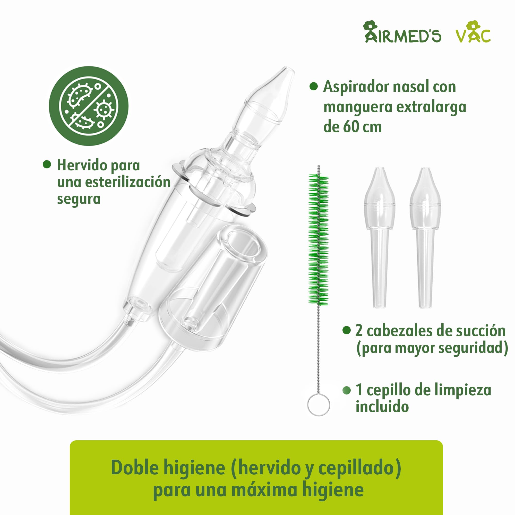 Airmed's Vac Aspirador nasal bebés. Clínicamente probado, seguro y suave | Nariz despejada en 3 segundos. Con 2 cabezales de succión y cepillo de limpieza incluido. Apto para todas las aspiradoras