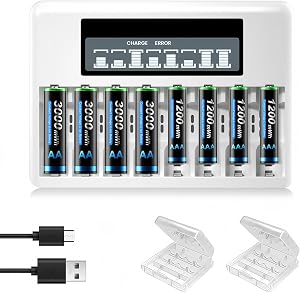 CITYORK Rechargeable AA AAA Batteries with 8 Bay Charger, 4 Pack AA3000mWh and 4 Pack AAA1200mWh 1.5V AA AAA Batteries for Blink Cameras, Video Doorbell, Smart Locks, Alarms, Remote Control