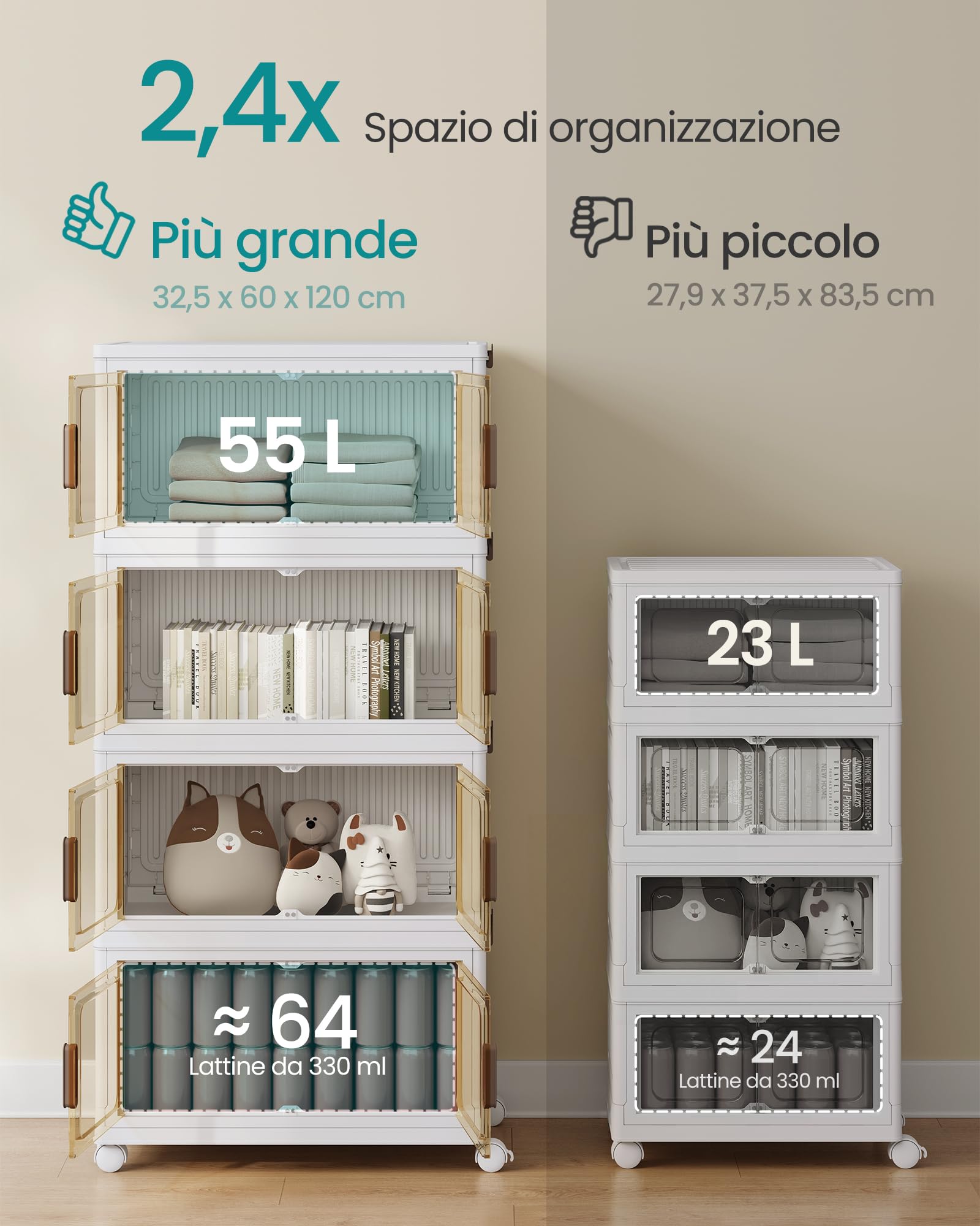 SONGMICS Contenitori 4 Livelli, Organizer Armadio con Coperchio, Scatole Plastica Impilabili con Ruote, Sportello Magnetico, Bianco, 55 L per Cesto, 220 L in Totale RLB460WZ01