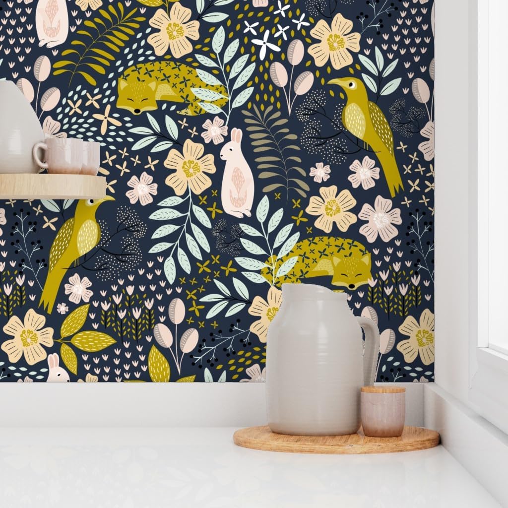 Spoonflower Peel & Stick Wallpaper 9ft x 2ft - Woodland Flora Blush Mint Animals Botanical Floral Rabbit Fox Custom Removable Wallpaper