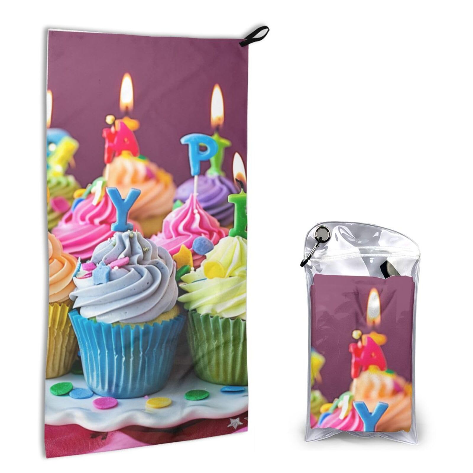 BWWHCCTI Quick Dry Hand Towel With Bag - Colorful Happy Birthday Cupcakes Printed Super Absorbent Face Cloth Microfiber Travel Sports Towels 40x80cm