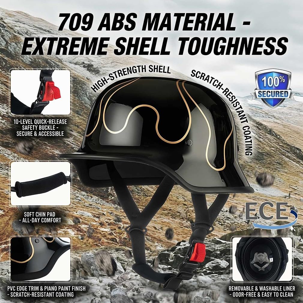 Deutscher Retro Halbschalenhelm Militärstil,ECE 22.06 geprüft,Leichte ABS-Schale mit Gesichtsmaske,Schnellverschluss,Unisex für Stadt Pendler und Cruiser,M-2XL(57-64cm)
