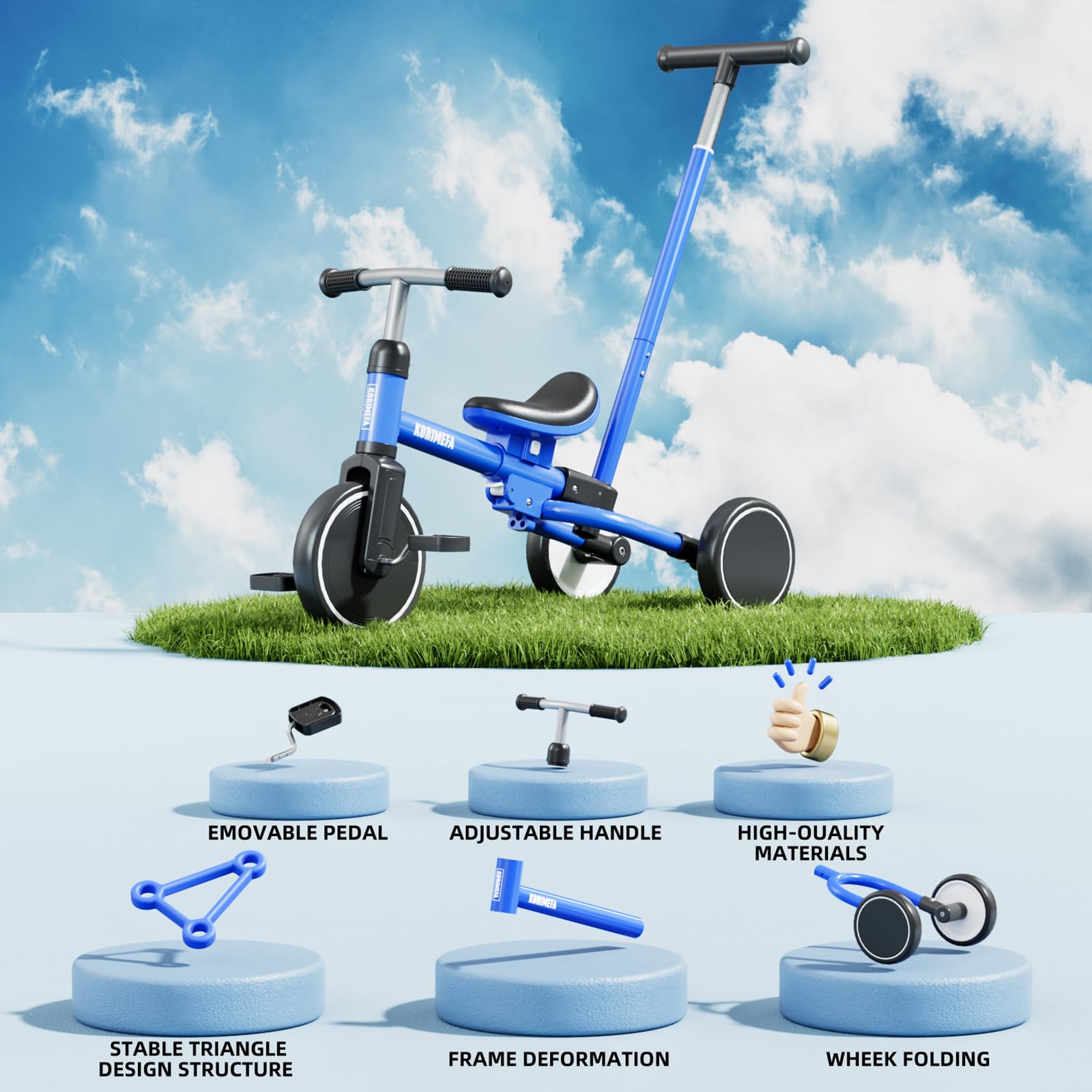 KORIMEFA Triciclo Bambini 1 anno con barra di spinta, triciclo per bambini 5 in 1 da 1 a 3 anni, sedile regolabile, pedali rimovibili, Bicicletta per Bimba e Bimbo (blu)