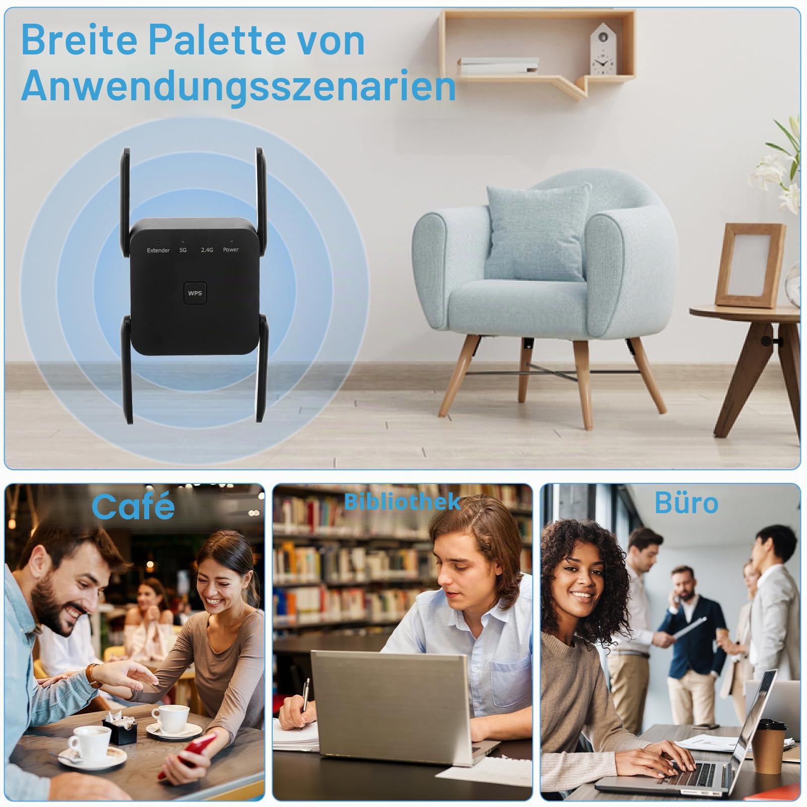 WLAN Repeater, 1200Mbit/s WLAN Verstärker Dual-Band 5GHz/2.4GHz mit Ethernet-Port, WiFi Booster mit Repeater/Router/Access Point Modus, 4 Antennen WiFi Range Extender, kompatibel zu Allen WLAN Routern
