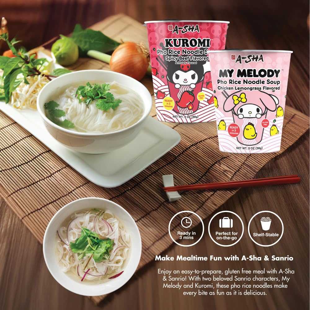 A-SHA My Melody Pho Cup Rice Noodle (6 Cups), Chicken Lemongrass Flavor, Vegetarian, Gluten-Free, Premium Microwavable Rice Noodle Soup, No MSG, Authentic Flavor