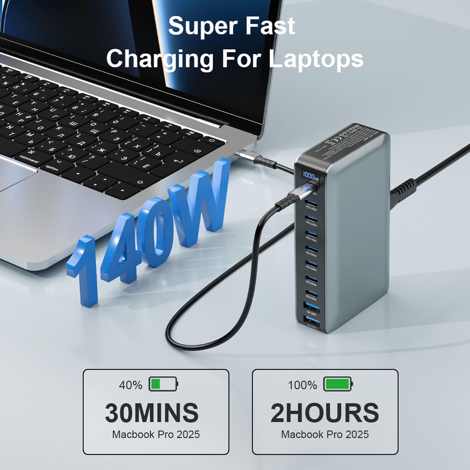 keepdrum GaN10 - Stazione di ricarica rapida USB, 10 porte, 1000 Watt
