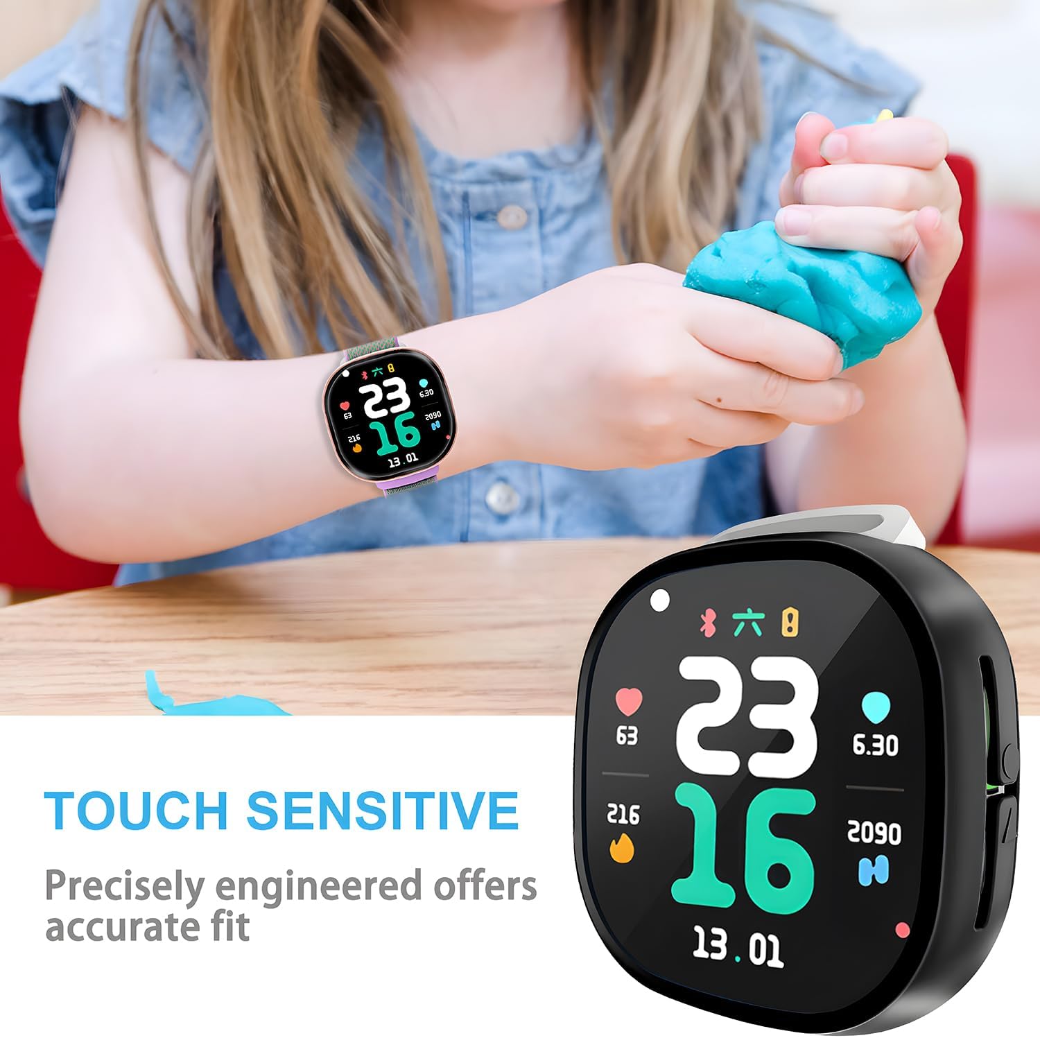 Suoman 2 Pack for Google Fitbit Ace LTE Case, 9H Hardness Tempered Glass Screen Protector+ Full Coverage Hard Protective Bumper Cover (Black+Clear)