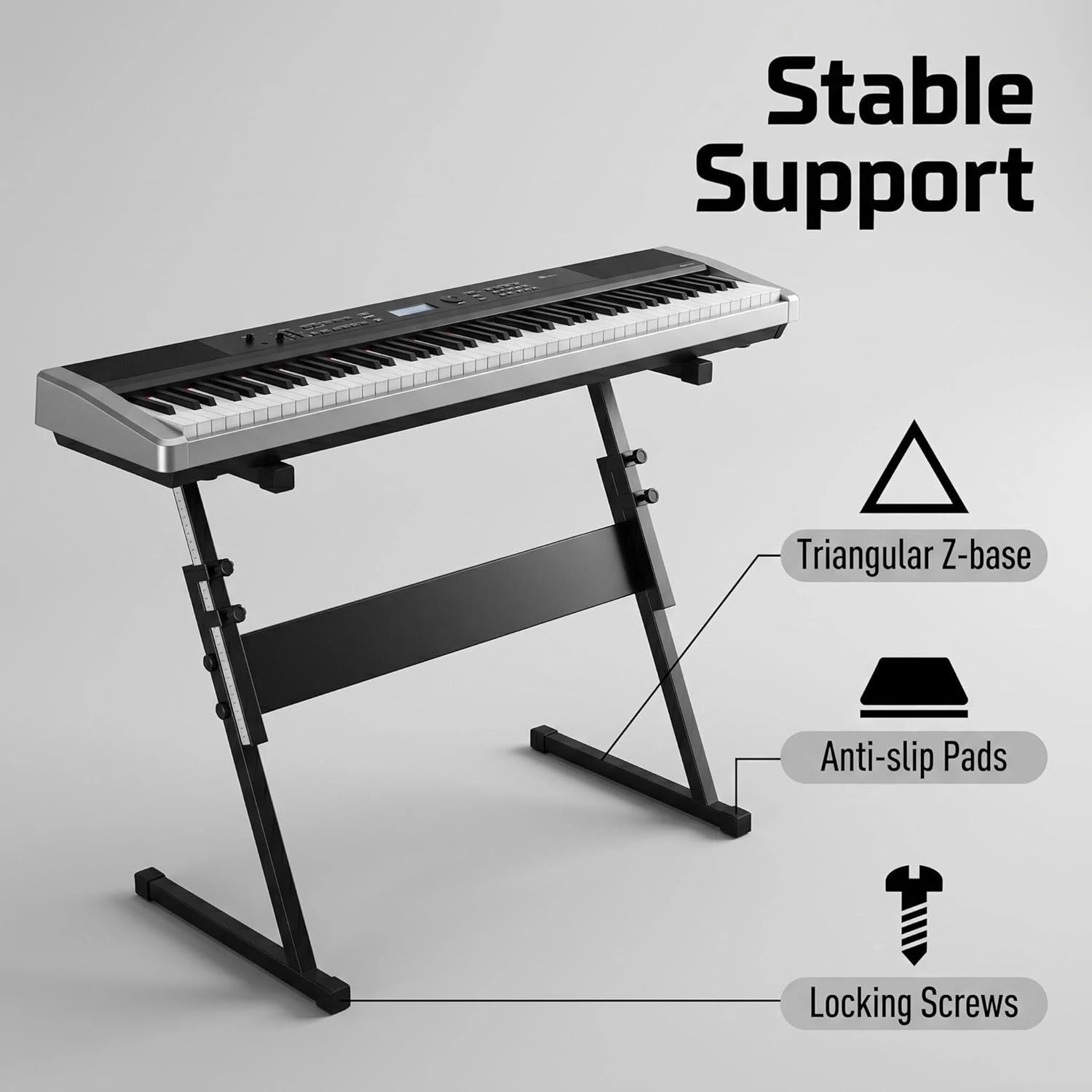 Z Style Keyboard Stand for 61‑Key and 88‑Key Electronic Pianos, Alloy Steel Triangular Base, Adjustable Height & Width, Tool‑Free Assembly, 4.85 lbs