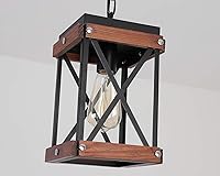 Vista 5 de Fivess Lighting Rustic Farmhouse Plug in Pendant Light with 15ft Cord, On/Off Switch, Wood & Metal Cage Adjustable Chains Industrial Mini Hanging