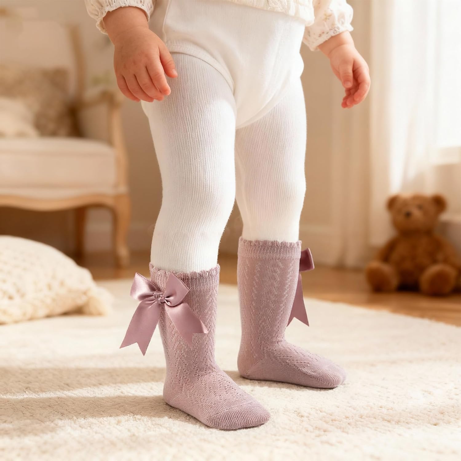 Baby Girls Knee High Socks Toddler Bow Ruffle Mesh Long Stockings Newborn Infant Cotton Thin Socks Spring Summer - Image 2