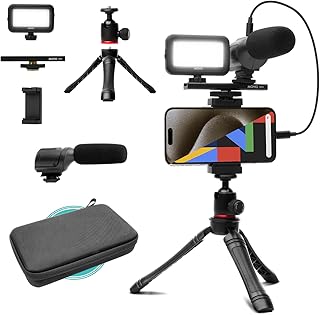 Movo uVlogger- Android/USB-C/iPhone 15 Compatible Vlogging Kit: Phone Tripod, Phone Mount, LED Light, Shotgun Microphone -...
