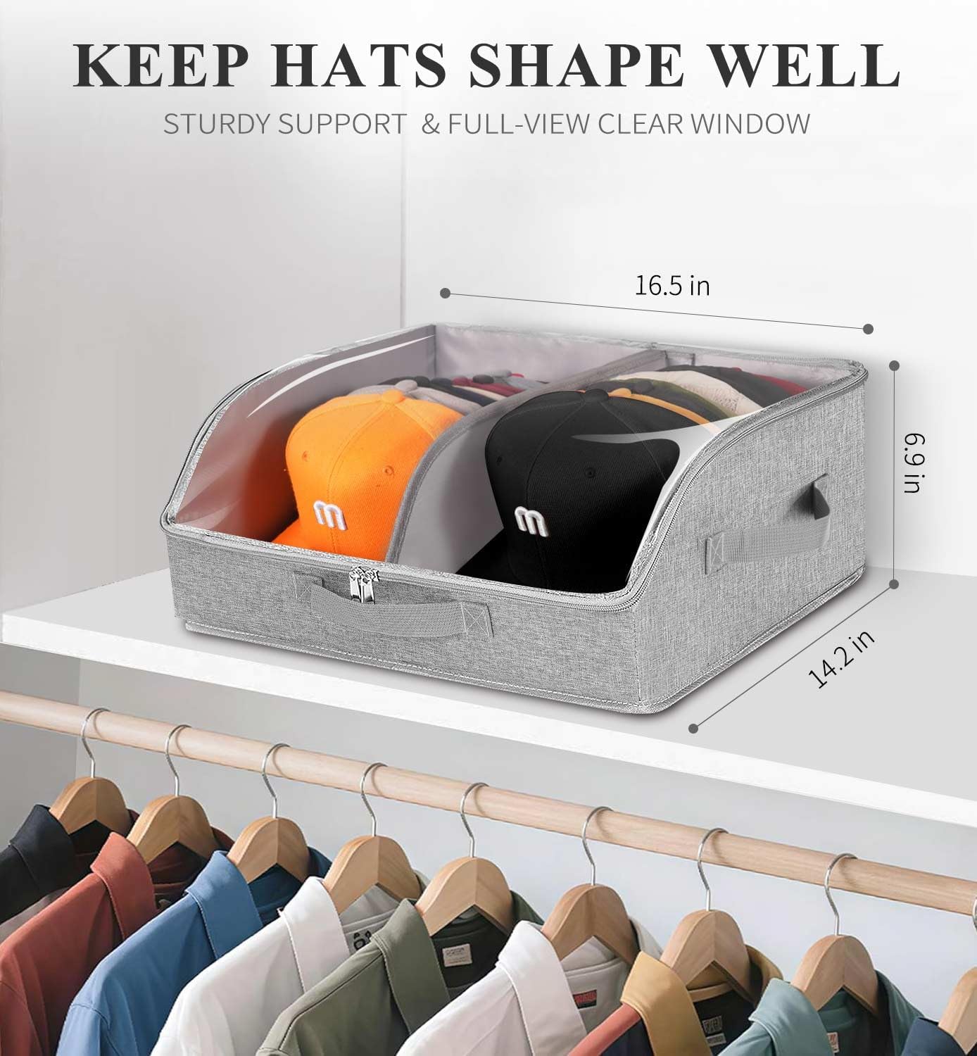 Hat Organizer for Baseball Caps, Large Hat Storage Box for Closet, Gray