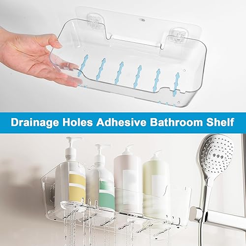 Miniatura 5 de CGBE Organizador de ducha autoadhesivo de acrílico estante de pared de baño sin taladrar con ganchos ocultos y agujeros de drenaje, organizador