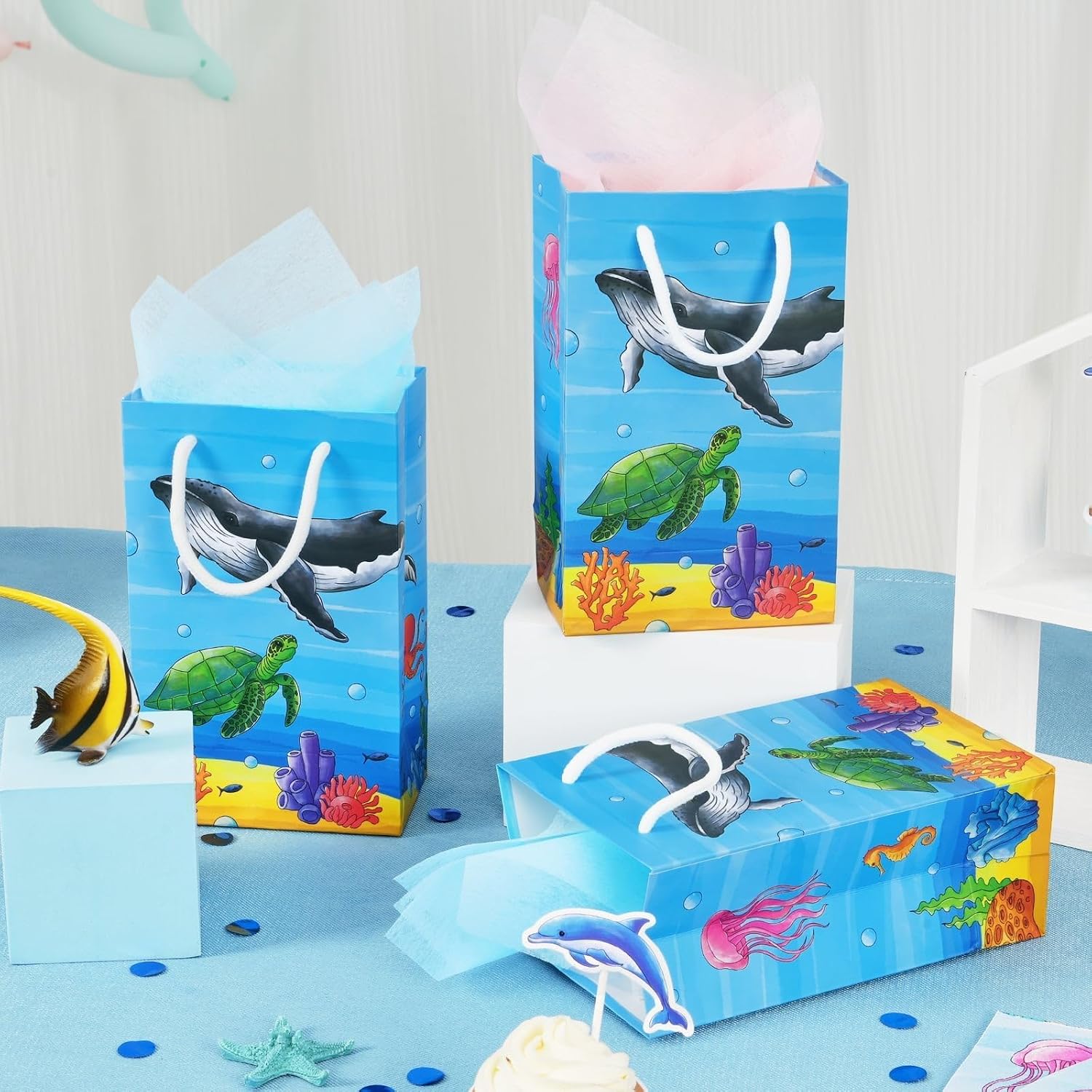 WERNNSAI 16 PCS Under The Sea Party Favor Bags Pouch | Ocean Animal & Whale Birthday Party Supplies, Goodie Candy Bags with Handles for Kids Boys, Under The Sea Baby Shower