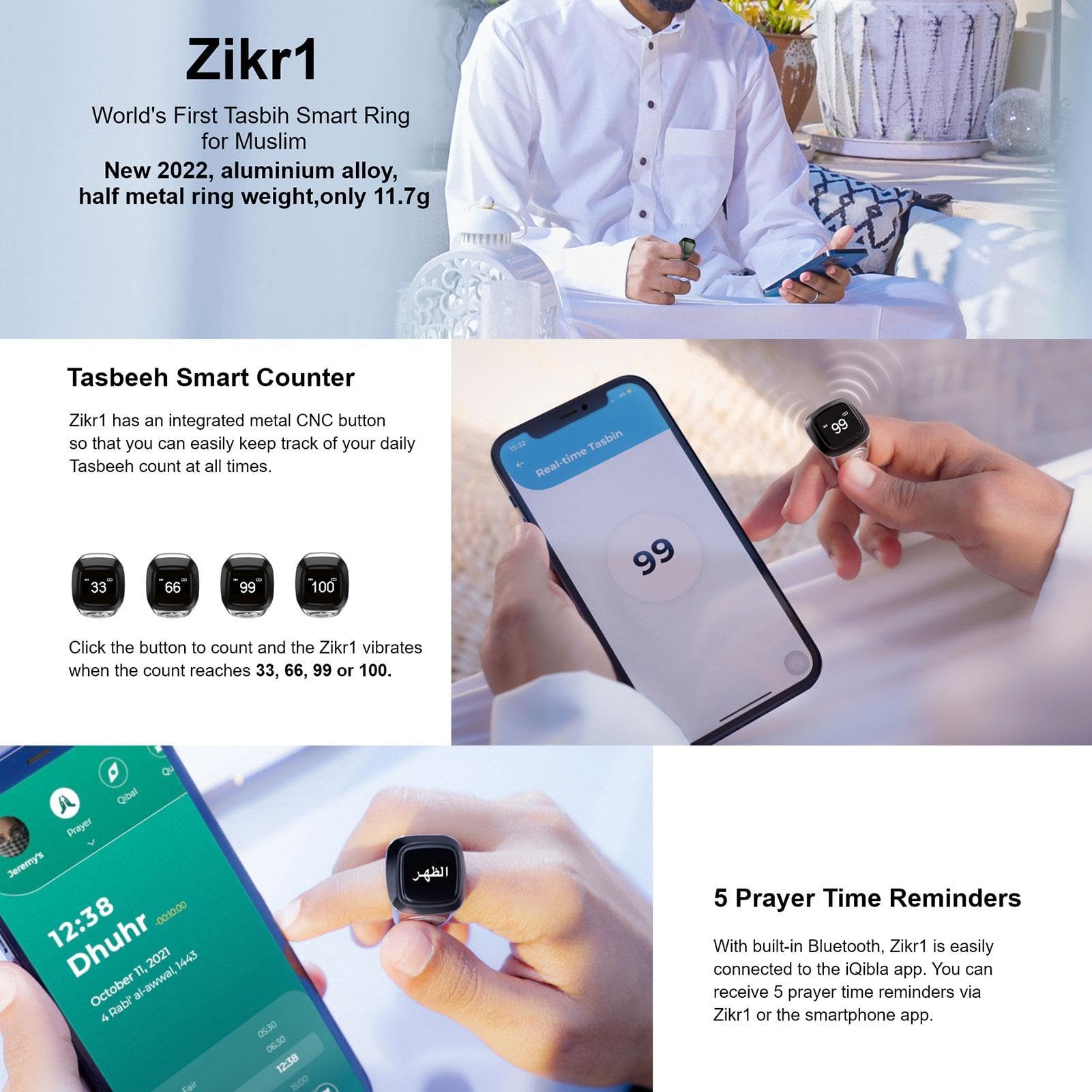 Azan Rind Anello Smart Uomo Smart Tasbih Zikr Ring, Sveglia Digitale Azan ...