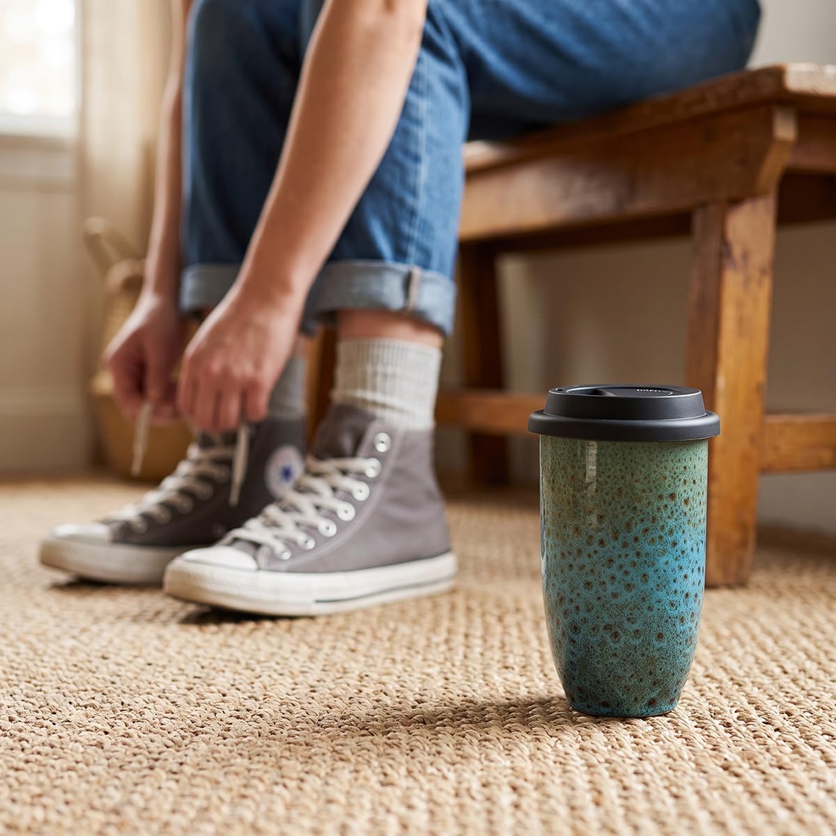 Bosmarlin Ceramic Travel Coffee Cup with Lid, 16 Oz, Portable Coffee Mug for Car Cup Holder, Microwave and Dishwasher Safe, Reactive Glaze (Turquoise Granite, 16 Oz) image 4