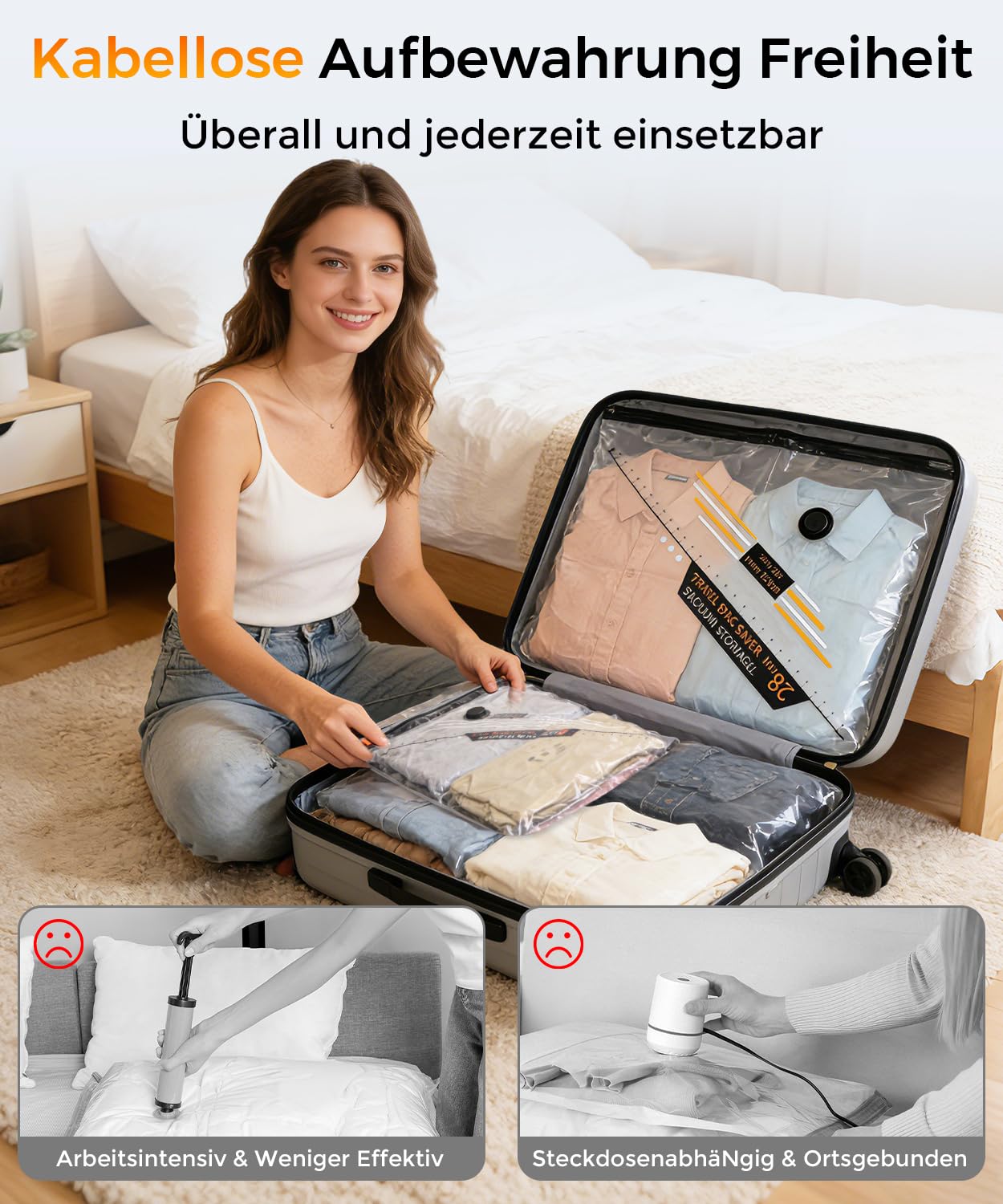 BOYUNSHI Vakuumbeutel für Kleidung Reise mit Kabelloser Vakuumpumpe, 20 Stück (8x 40x54cm, 8x 47x64cm, 4x 54x74cm), Platzsparende Vakuumierbeutel für Reisen, Koffer und Aufbewahrung