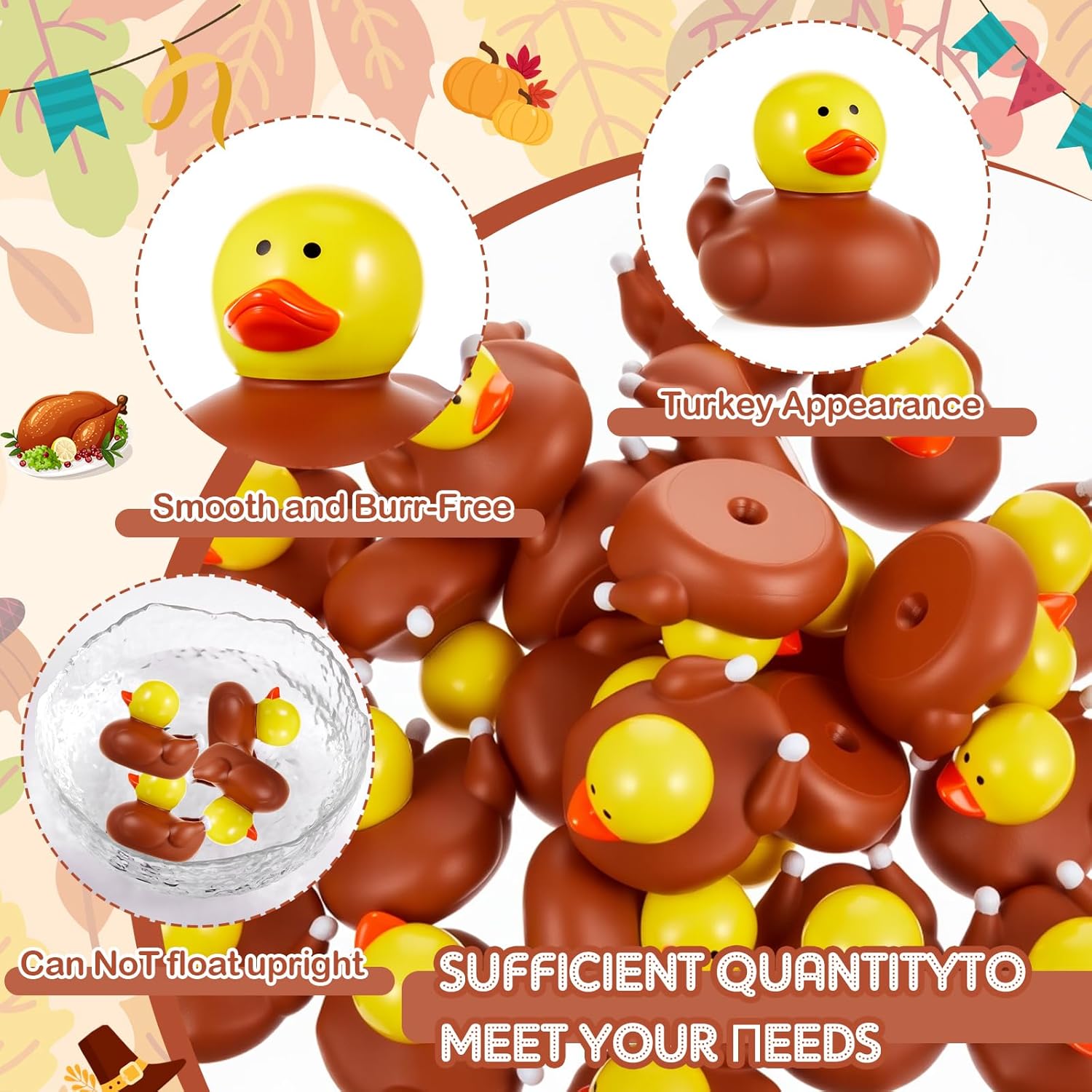 DEEKIN 50 Pcs Turkey Rubber Ducks 2 Inch for Thanksgiving Party Decorations Turkey Rubber Ducks in Bulk for Thanksgiving Party Favors Supplies