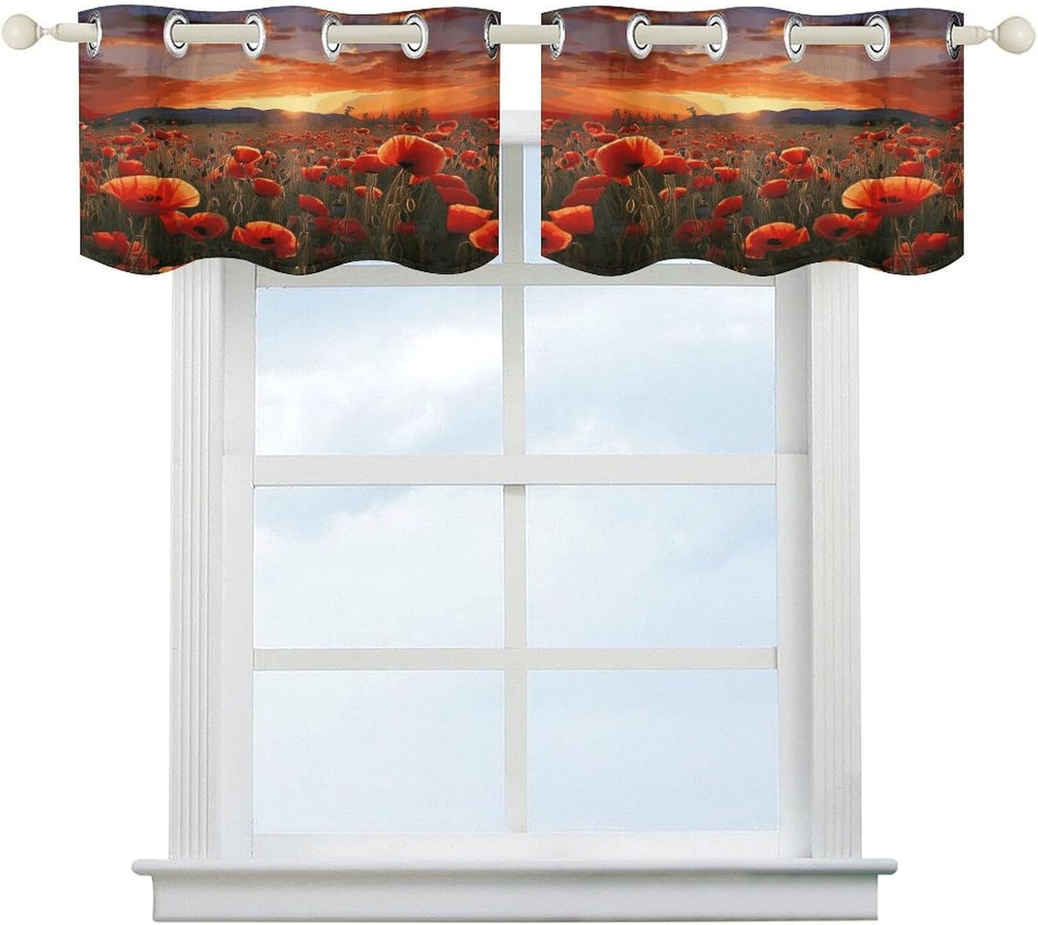 Red Poppy Flower Field in Sunset 2 Pack Valance Curtains Window Treatments. Adjustable Curtain with Rod Pocket.Cafe Curtains is Half Curtains for Privacy Decorative 52x18.1 Inch.