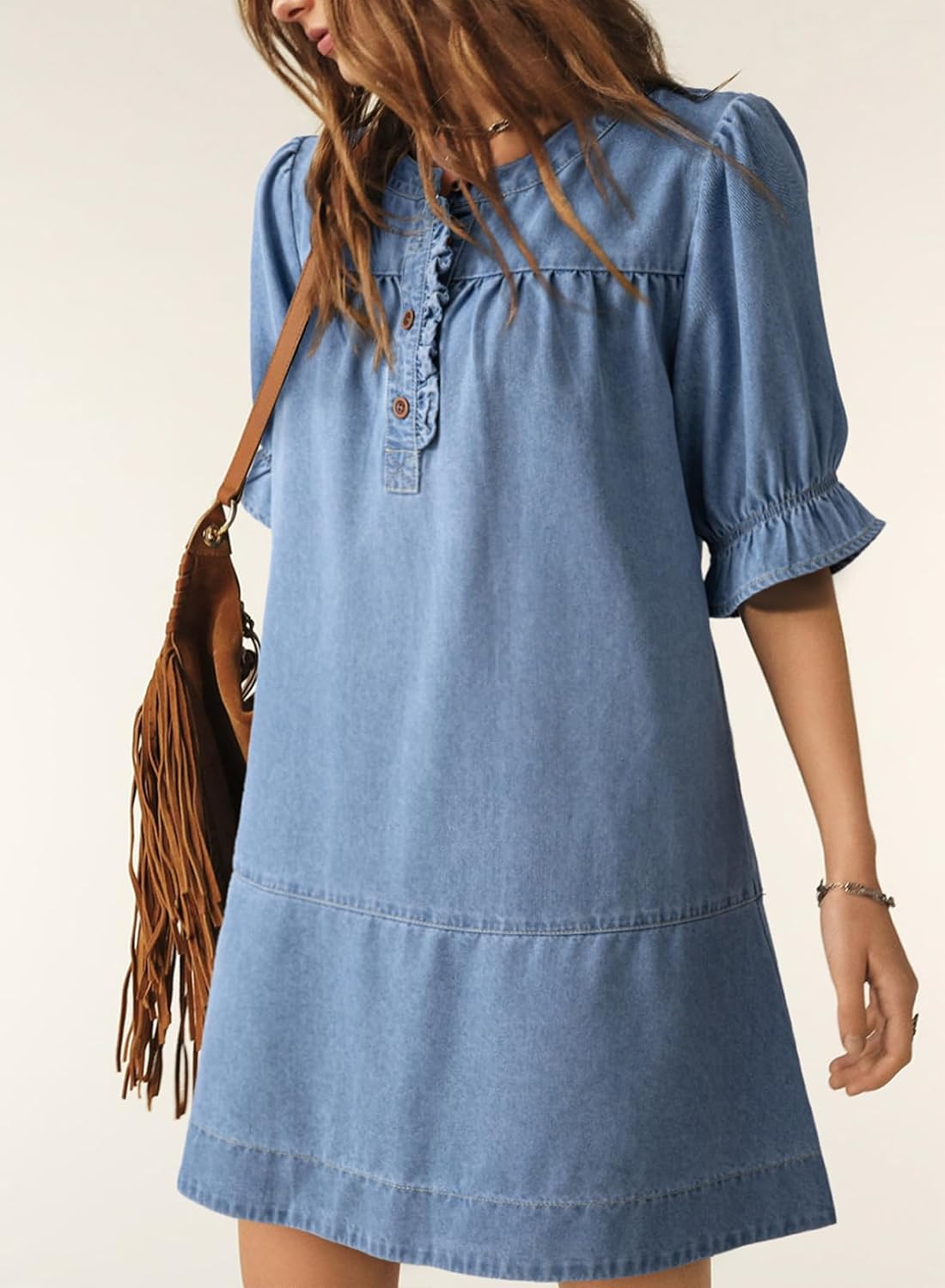 Dokotoo Women's Denim Dress 2026 Babydoll Dress Casual Ruffle Short Sleeve Button Jean Dresses - Image 6