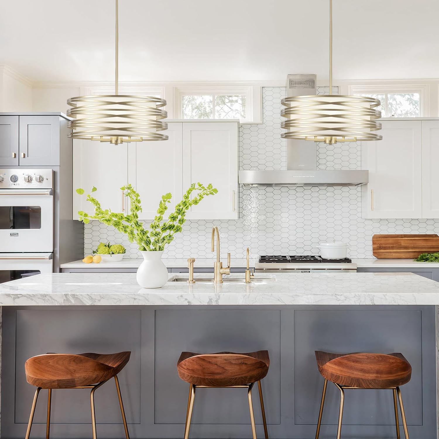Drum Chandeliers Sprayed Gold Chandelier for Dining Room 18.89’’ Inches Drum Chandelier with White Shade Industrial-5 Light Gold Pendant Ligh Fixtures for Entryway Kitchen Island
