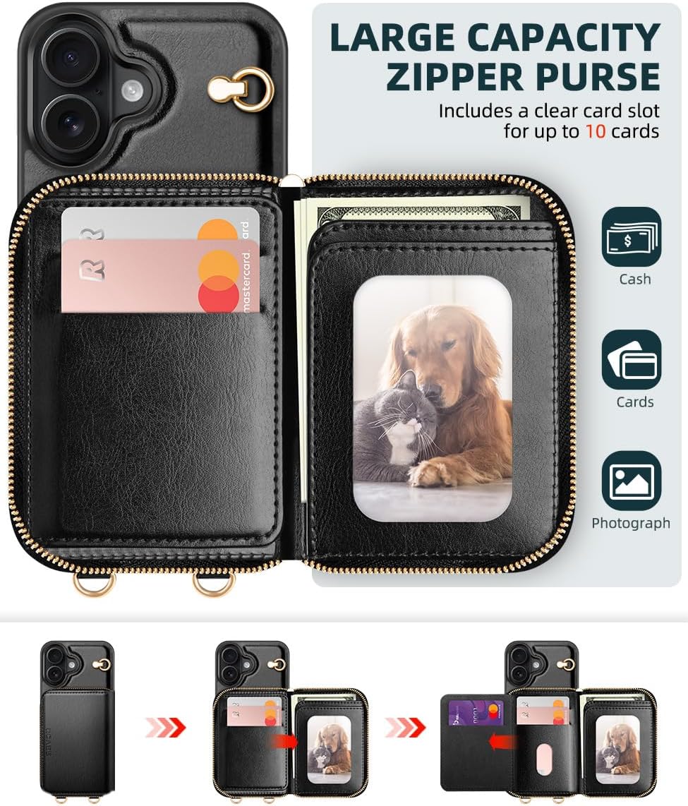 OCASE Compatible with iPhone 17 Crossbody Wallet Case with Card Holder, PU Leather Zipper Handbag Phone Purse with RFID Blocking Kickstand Wrist Strap Lanyard 6.3 Inch, Black - Image 3