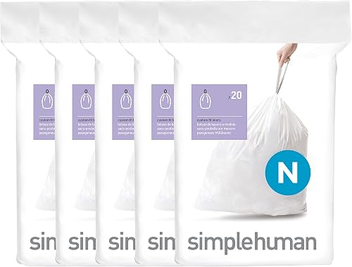 simplehuman Code N 100 Liners, 50% Recycled Custom Fit Bin Bags in Dispenser Packs with Durable Drawstring Tie Handle, 45-50L, White