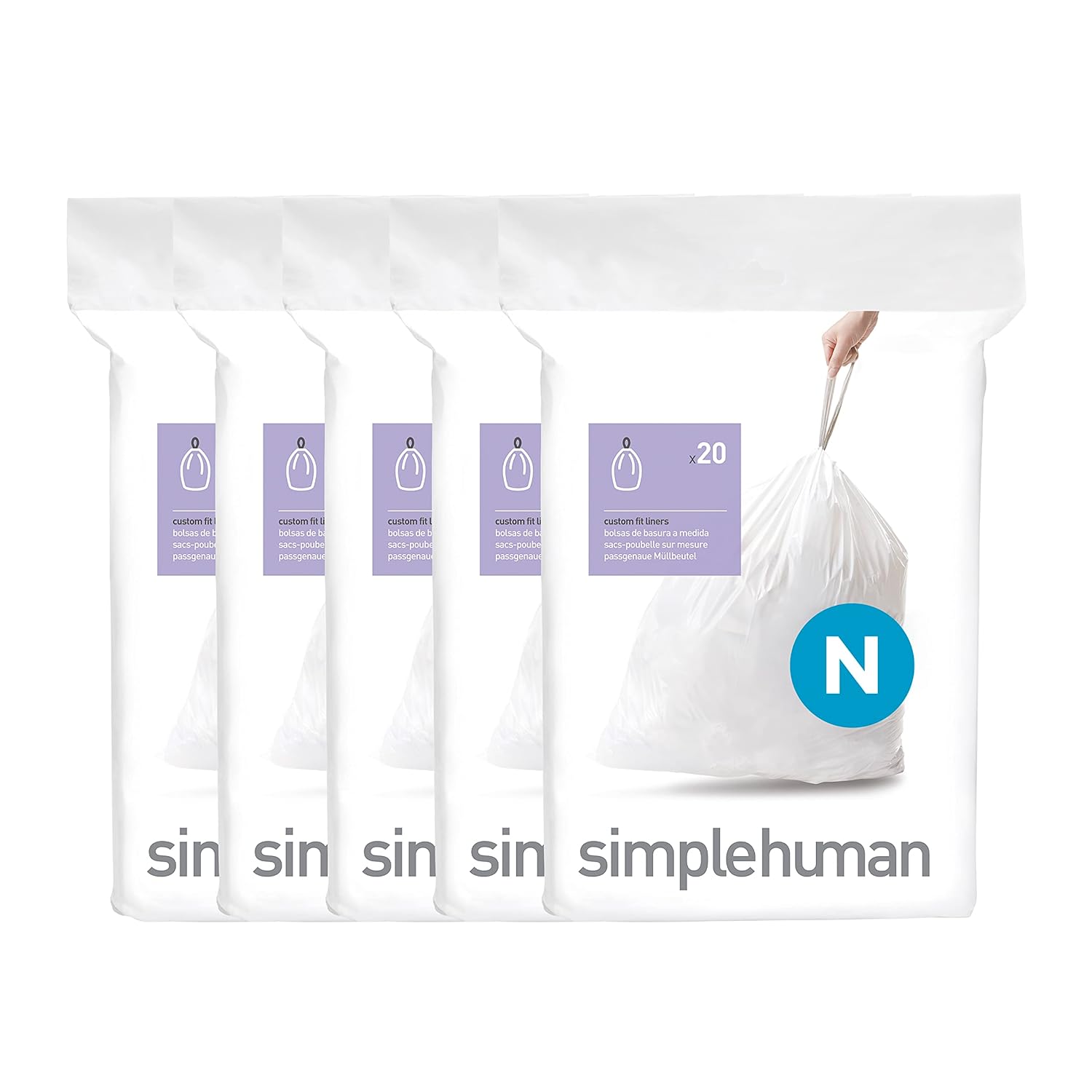 simplehuman Code N 100 Count Dispenser Pack Custom Fit Liners Drawstring Trash Bags 45-50 Liter 11 9-13 2