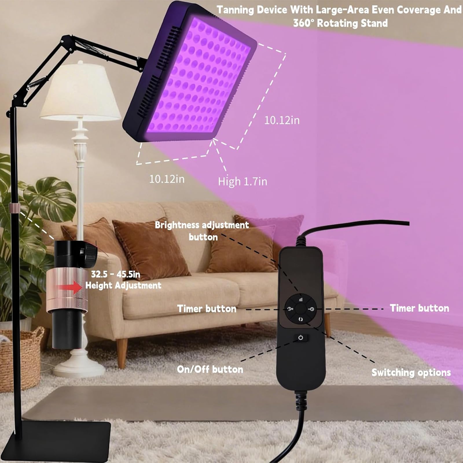 Lampa do opalania, 100 diod LED, długość fali 395 Nm, głowica obracana o 360° i regulowany kątowy stojak, 5 poziomów jasności i regulacja czasu, urządzenie samoopalające do twarzy i ciała