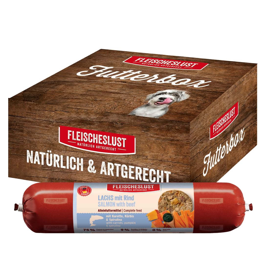 Fleischeslust Salchicha para perros, salmón y ternera con zanahoria, calabaza y espirulina, caja de alimentos (6 x 800 g), comida húmeda, resistente a los cortes, sin cereales, pienso completo para