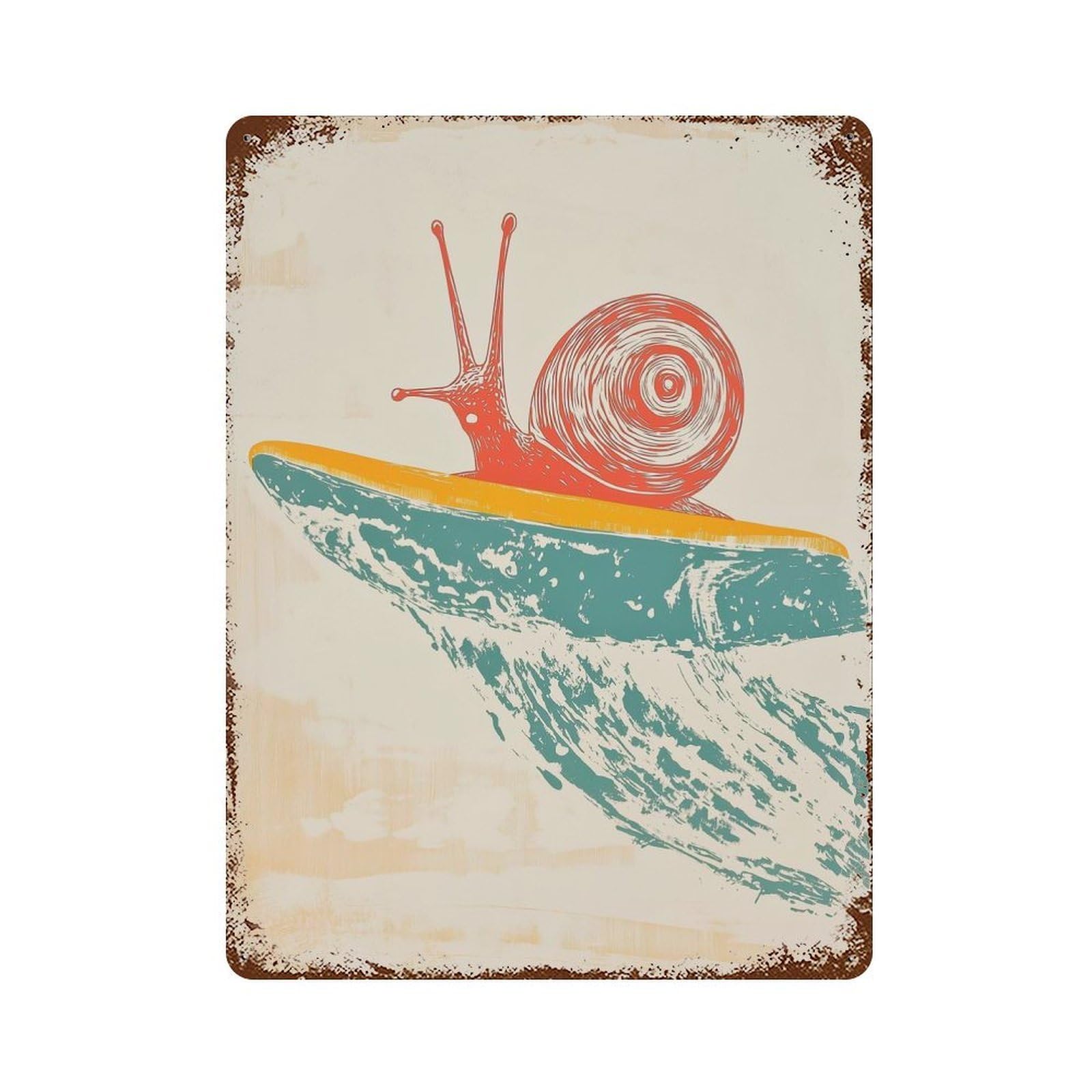 Snail Surfing Retro Decorative Tin Sign 15.7"x11.8", Retro Wall Decor for Basement, Hobby Room And Garage Decor