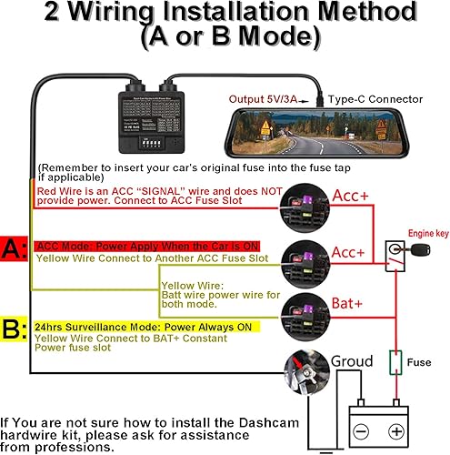 Miniatura 5 de Kit de cable duro para cámara de salpicadero, USB C de 3 cables, kit de cable rígido para cámara de estacionamiento de 24 horas, cable de