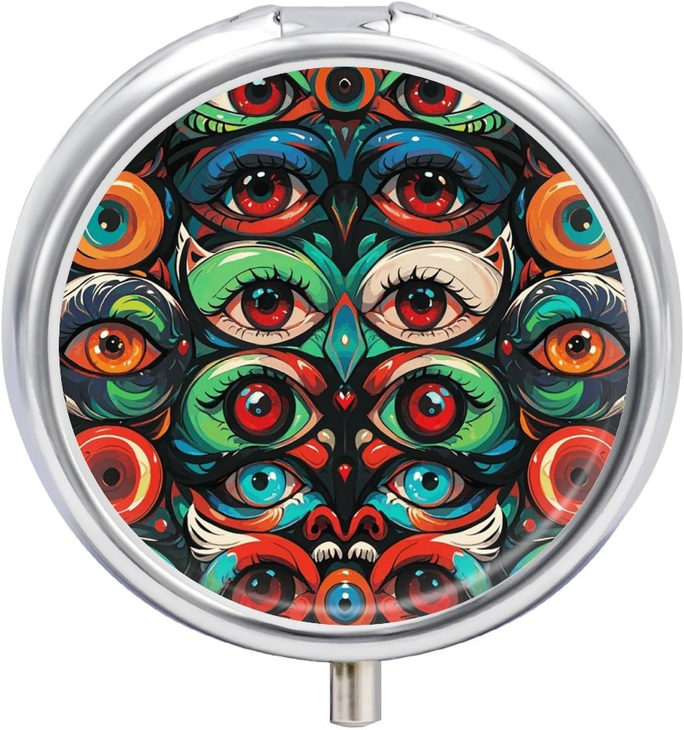 Many Evil Eyes Pill Box 3 Compartment Waterproof Pill Case with Mirror Portable for Purse Pocket Daily Medicine Vitamin Organizer Travel Med Container Holder for Fish Oil Supplements