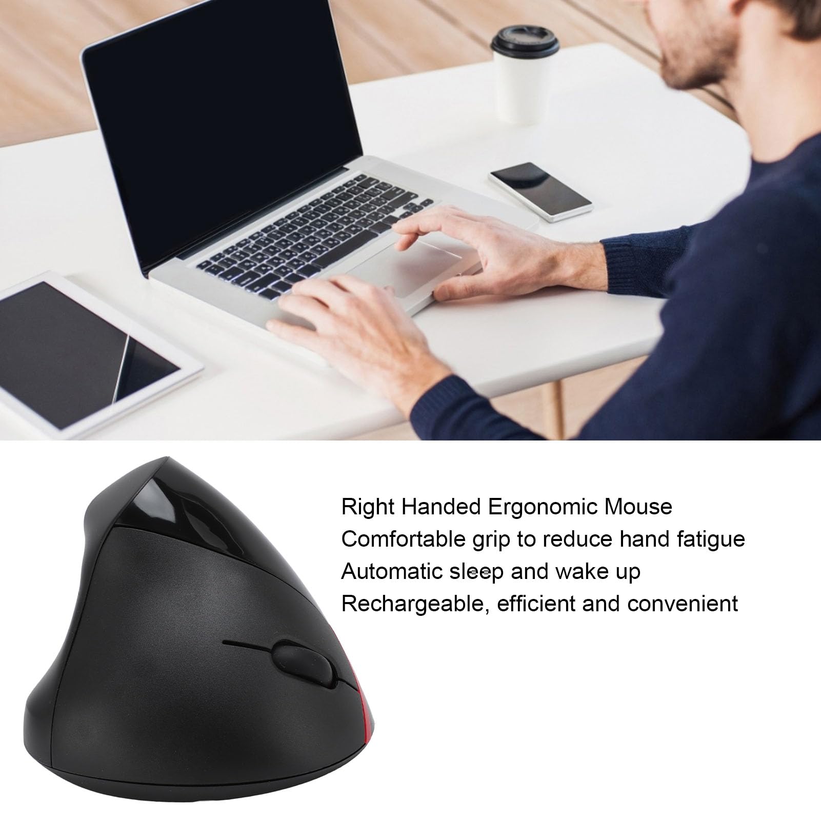 Annadue Souris sans Fil Ergonomique, Souris Verticale Rechargeable pour Main Droite avec Niveaux DPI Réglables pour Tablette PC Portable (Black)